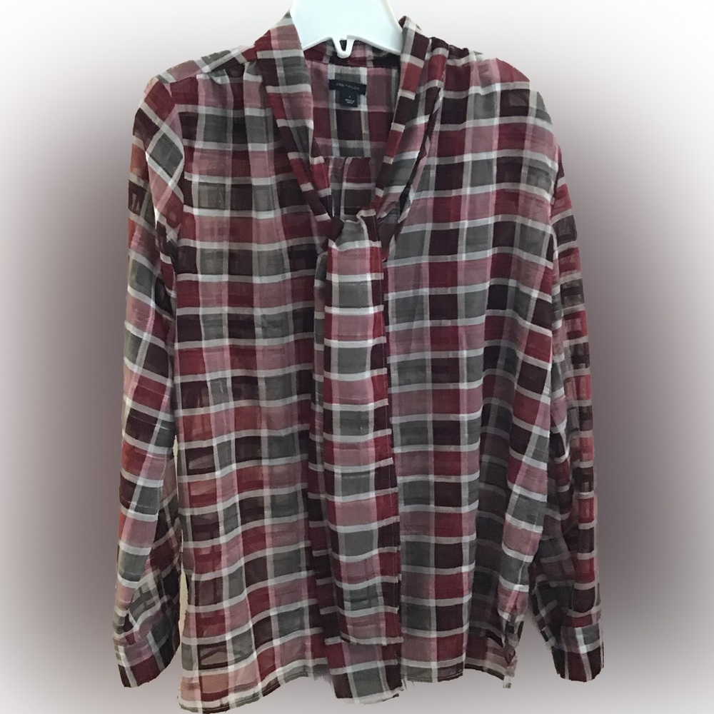 ANN TAYLOR Sheer Tie Neck Plaid Blouse